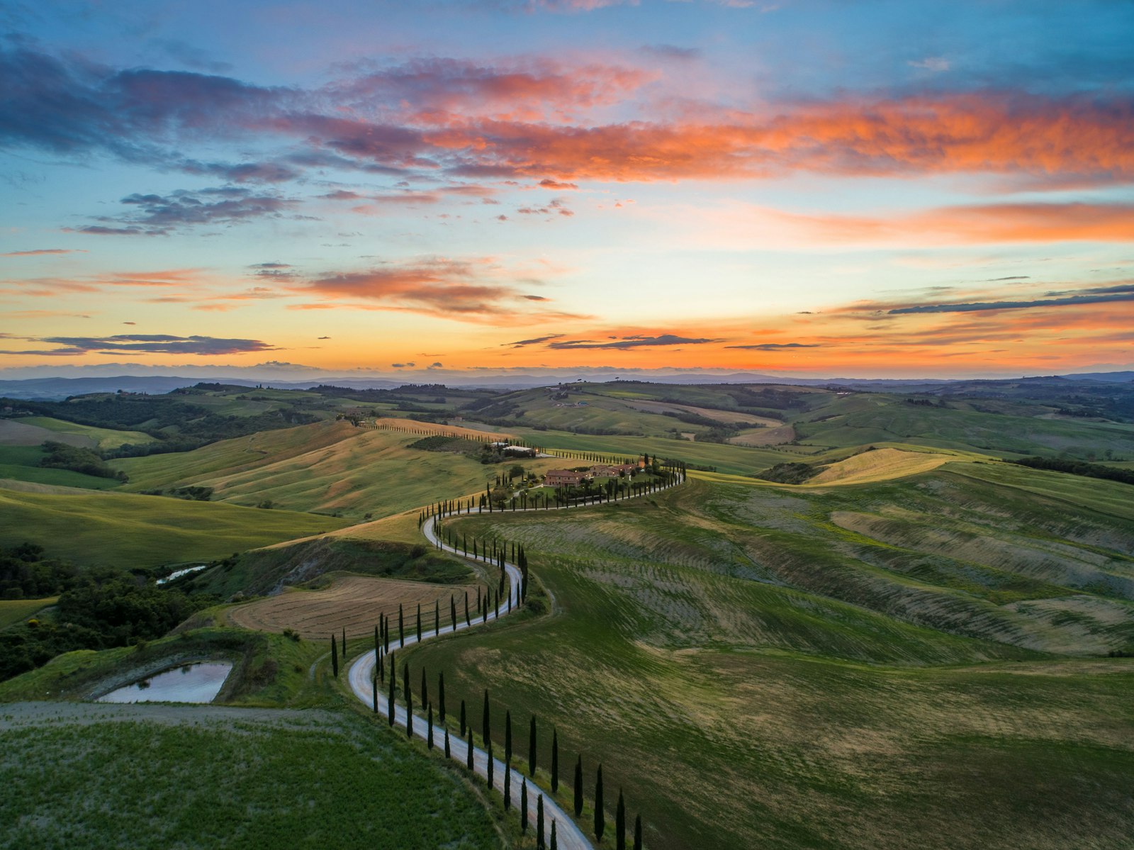 Strada fiancheggiata da cipressi nelle colline toscane al tramonto